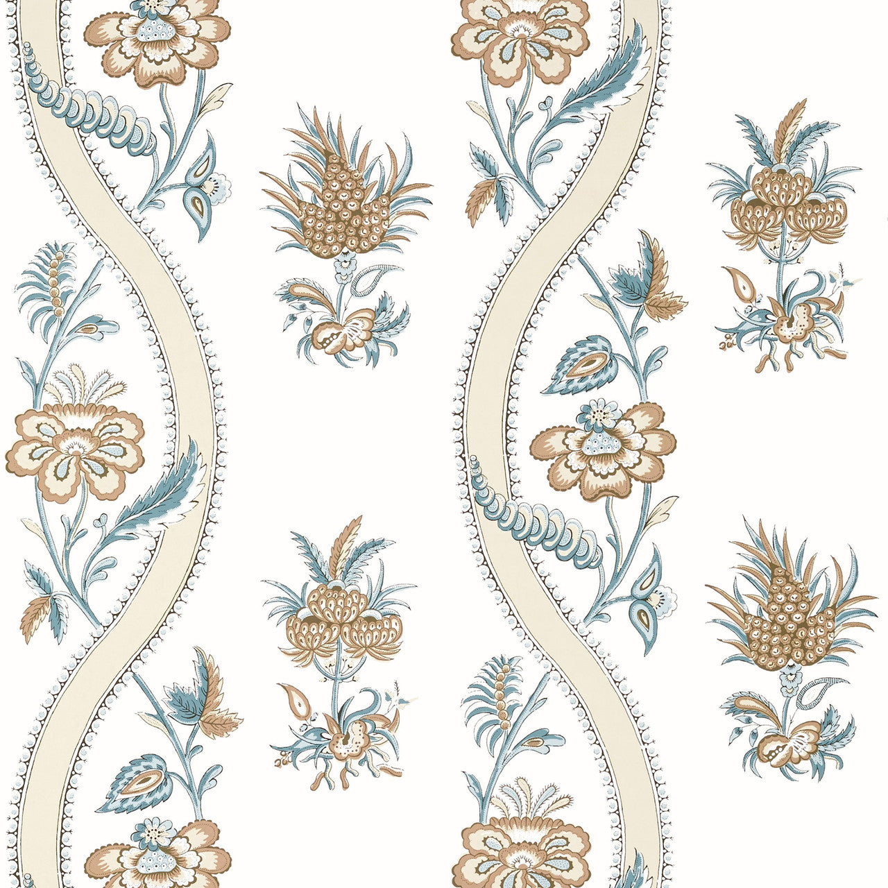 T36425 Ribbon Floral Indienne Beige and Spa Blue Wallpaper by Thibaut