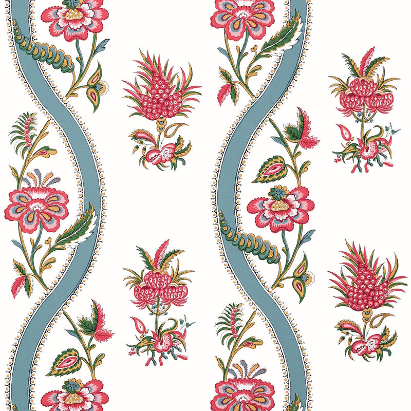 T36426 Ribbon Floral Indienne Raspberry and Teal Wallpaper by Thibaut