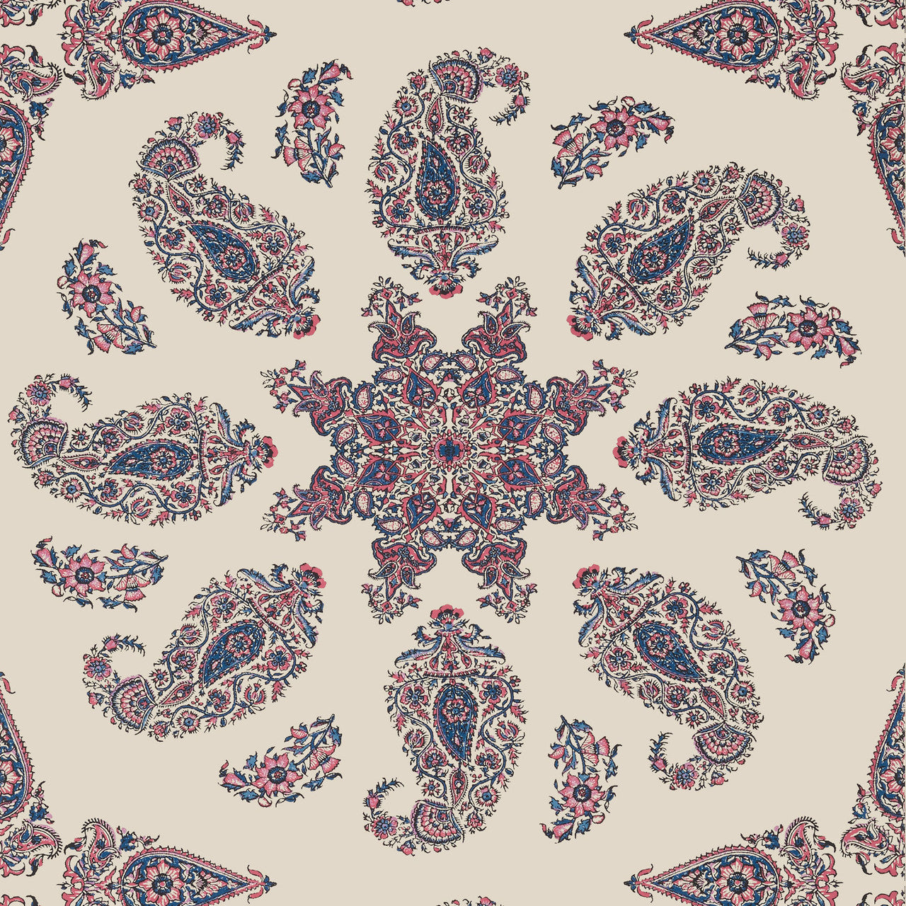 T36430 East India Indienne Raspberry and Blue on Natural Wallpaper by Thibaut