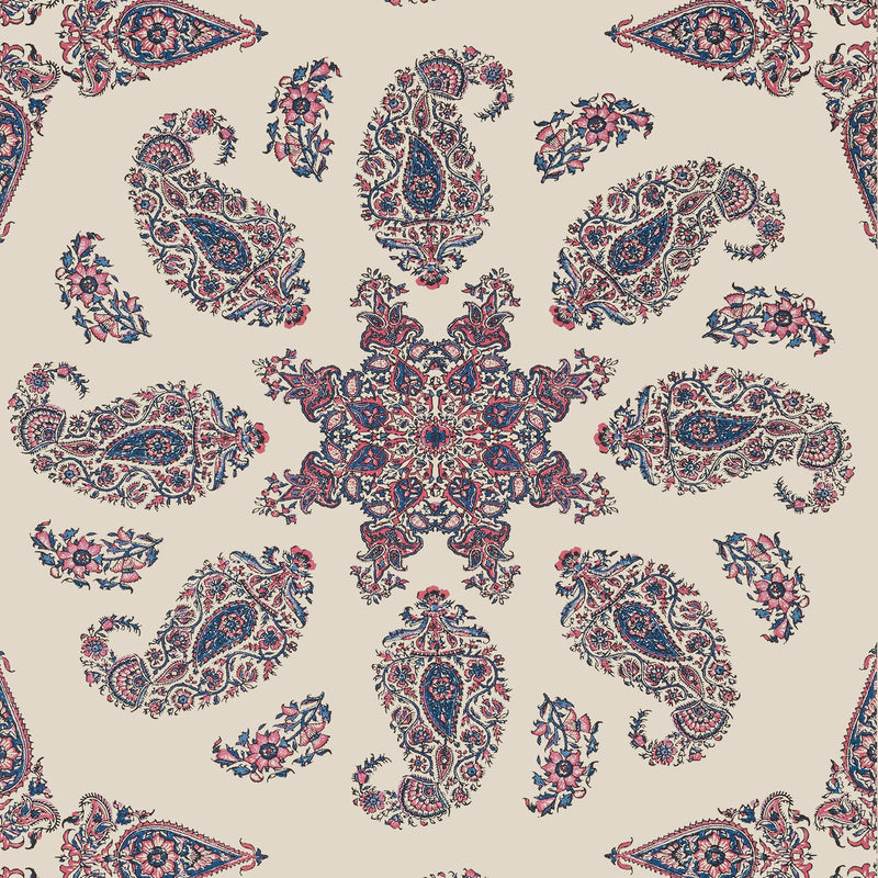 T36430 East India Indienne Raspberry and Blue on Natural Wallpaper by Thibaut