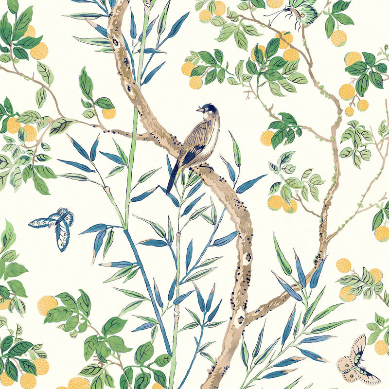 T42013 Claire Sojourn Yellow and Navy Wallpaper by Thibaut