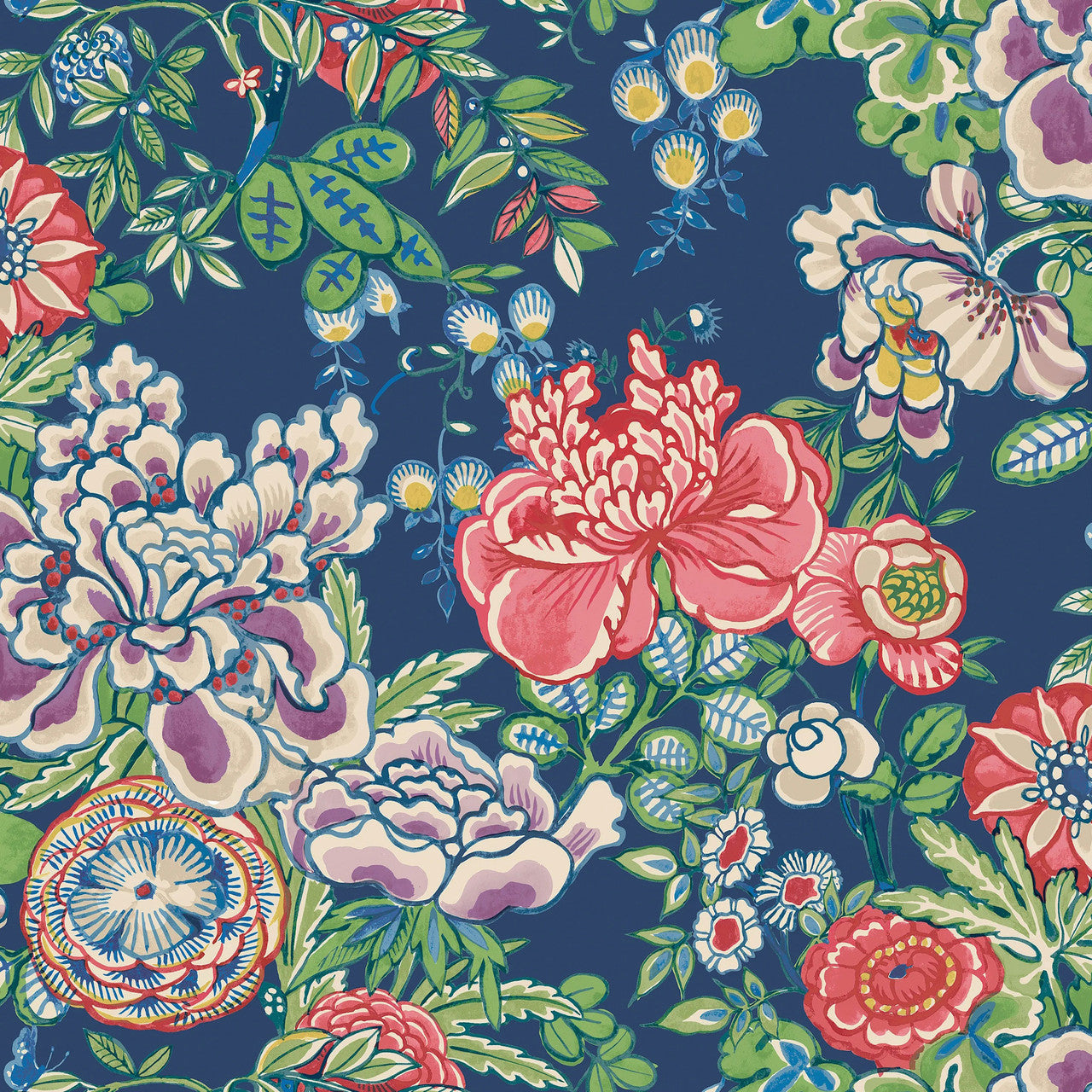 T42015 Peony Garden Sojourn Navy Wallpaper by Thibaut