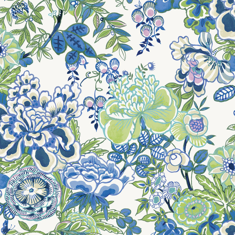 T42021 Peony Garden Sojourn Blue and Green Wallpaper by Thibaut