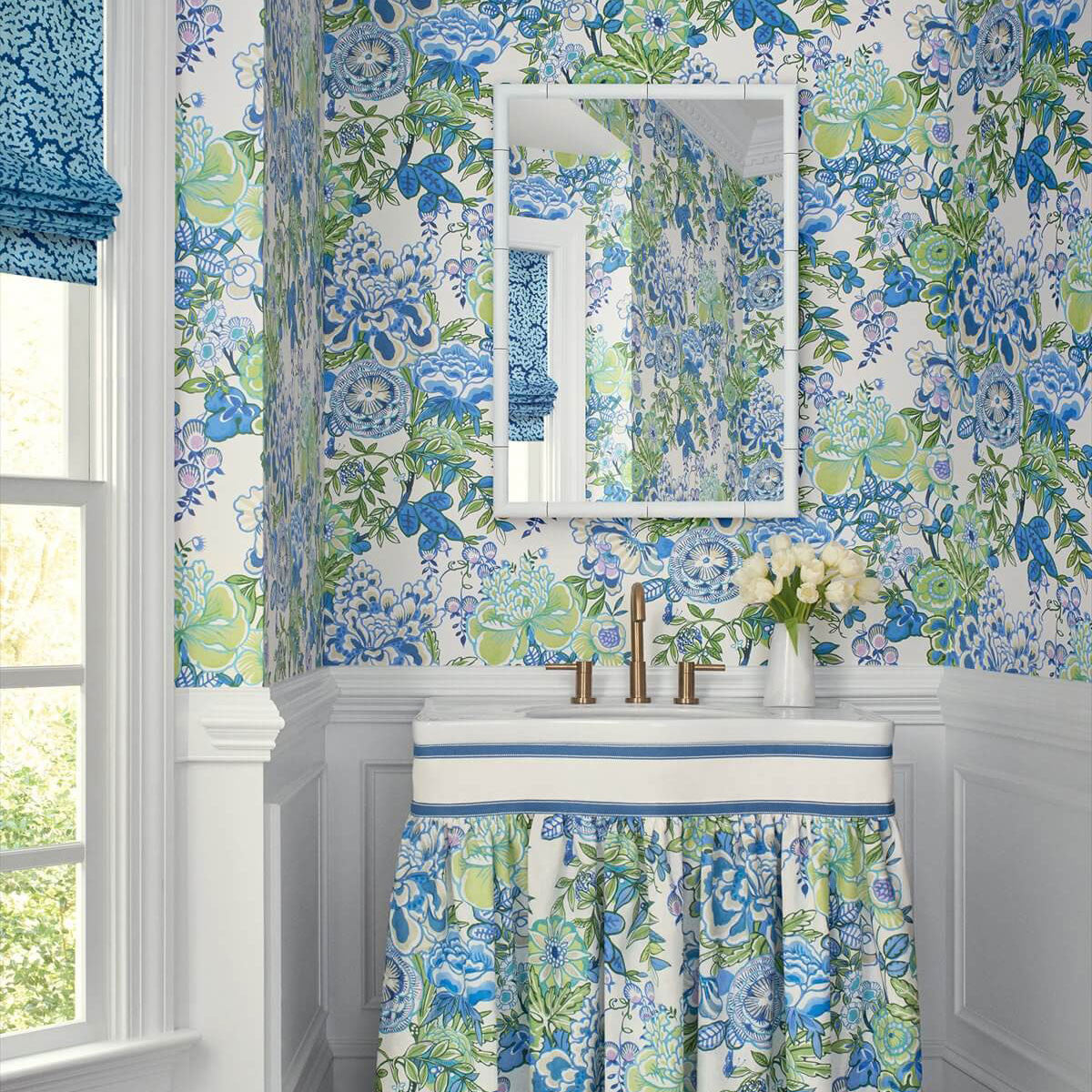 T42021 Peony Garden Sojourn Blue and Green Wallpaper by Thibaut