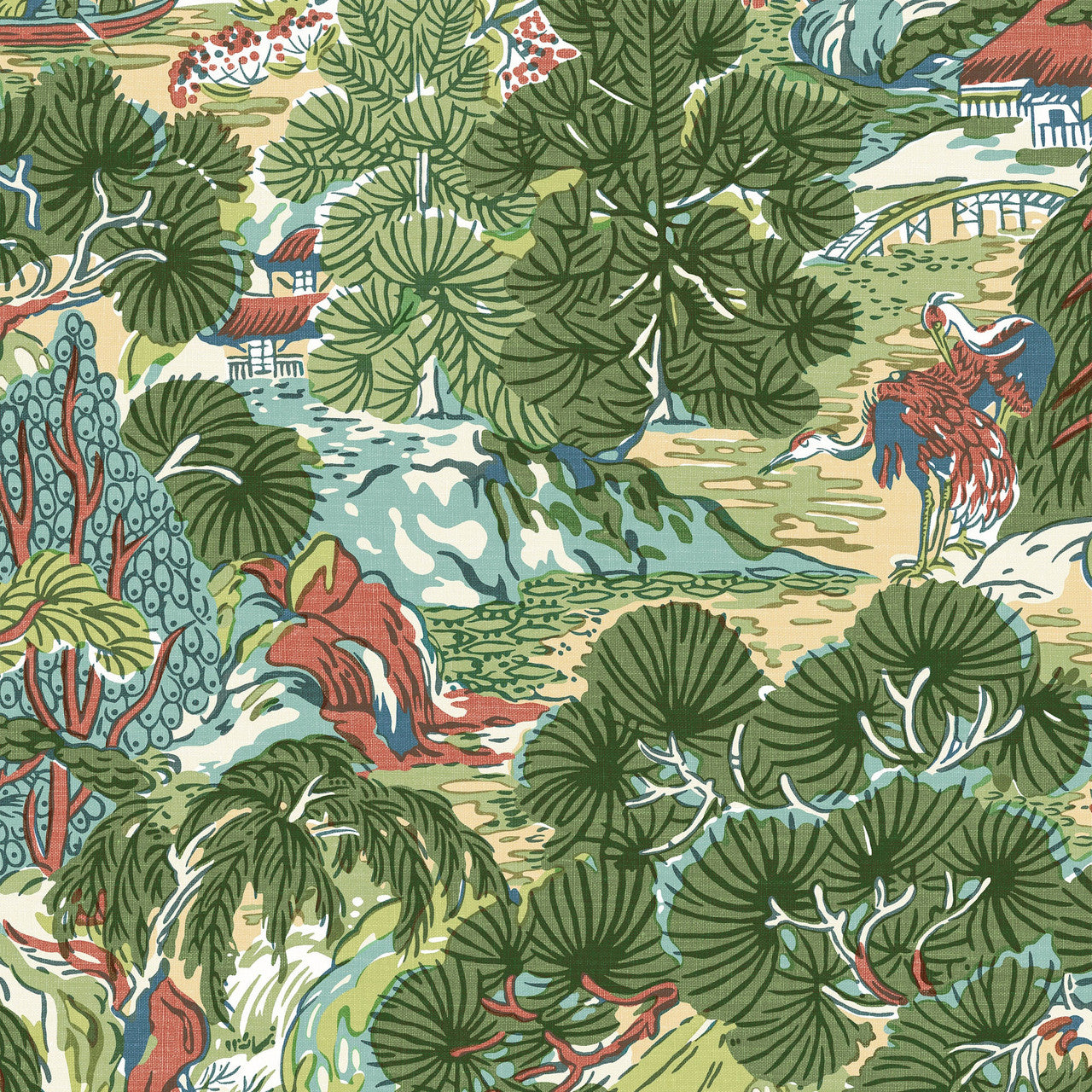 T42022 Pagoda Trees Sojourn Coral and Green Wallpaper by Thibaut