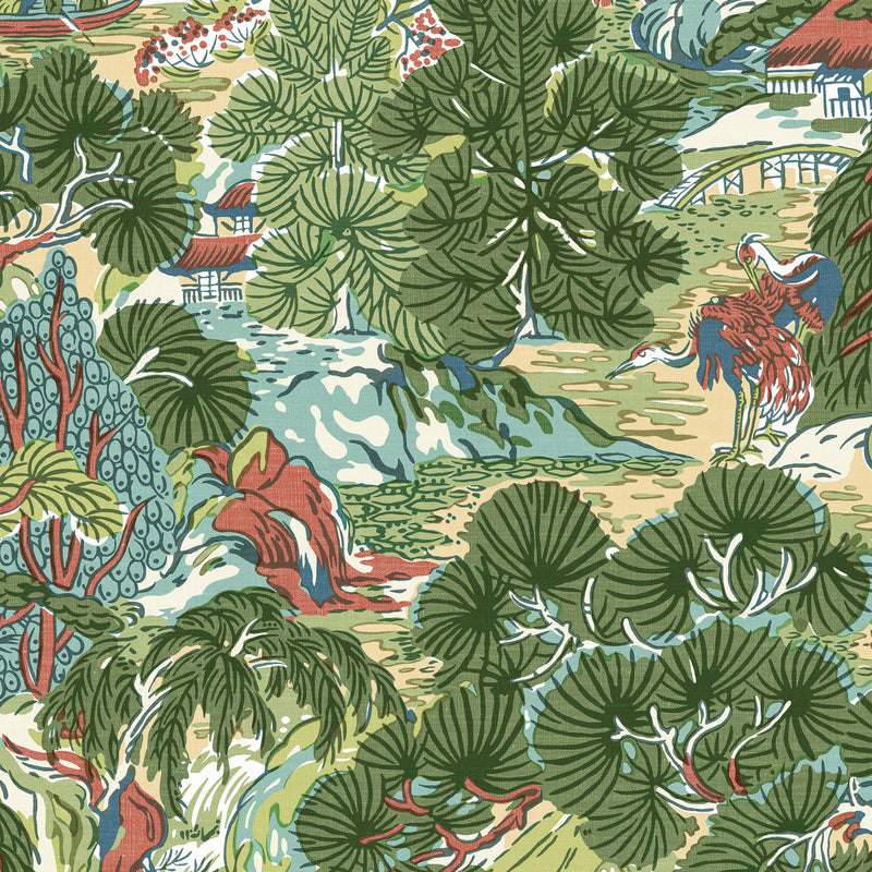 T42022 Pagoda Trees Sojourn Coral and Green Wallpaper by Thibaut