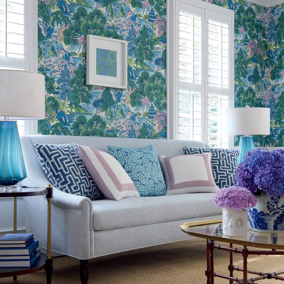 T42024 Pagoda Trees Sojourn Lavender and Blue Wallpaper by Thibaut