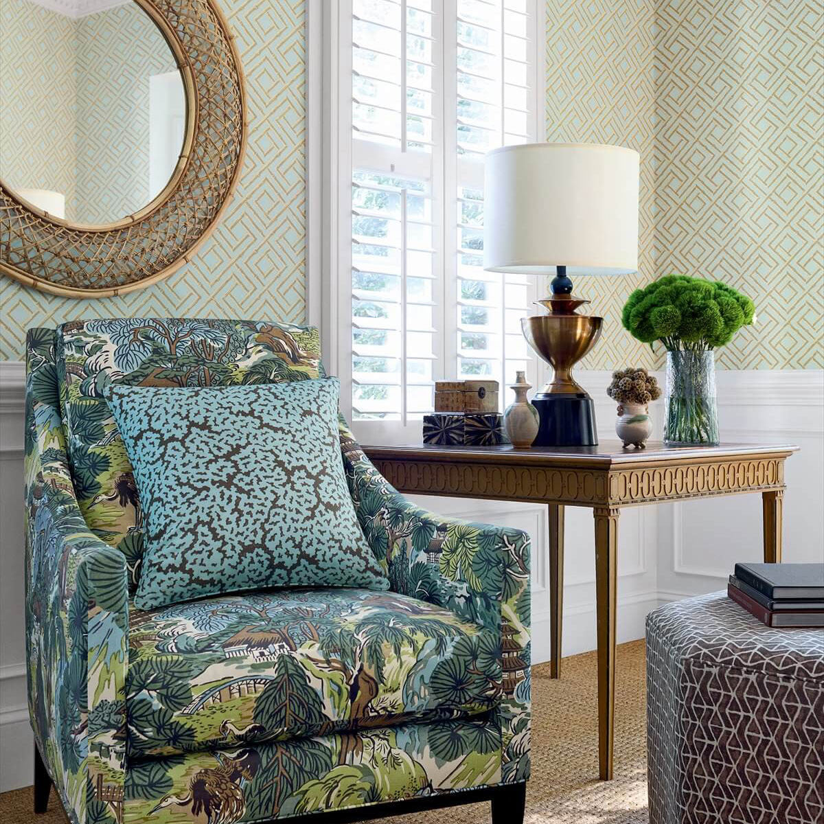 T42046 French Lattice Sojourn Blue and Beige Wallpaper by Thibaut