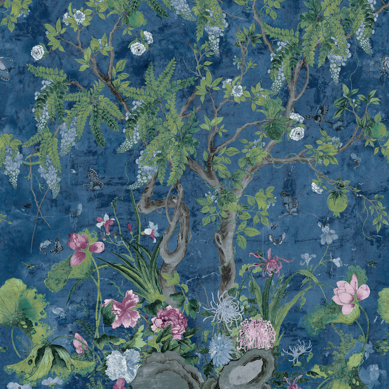 T42055 Wild Wisteria Mural Sojourn Navy Wallpaper by Thibaut