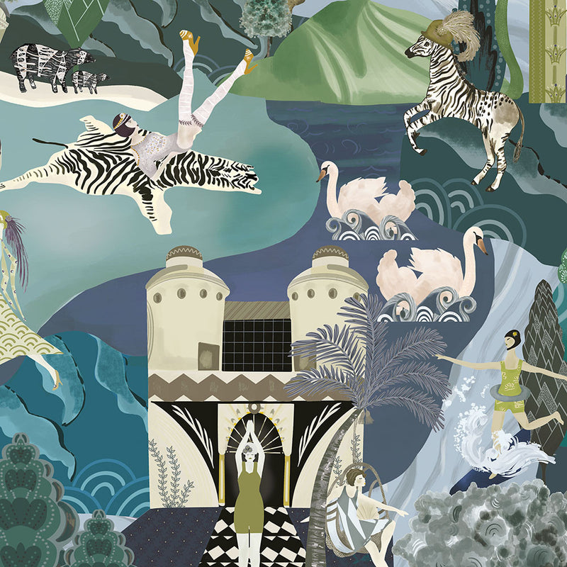 BMHD002/10A The Art Deco Hills Heart Deco Aqua Wallpaper by Brand McKenzie