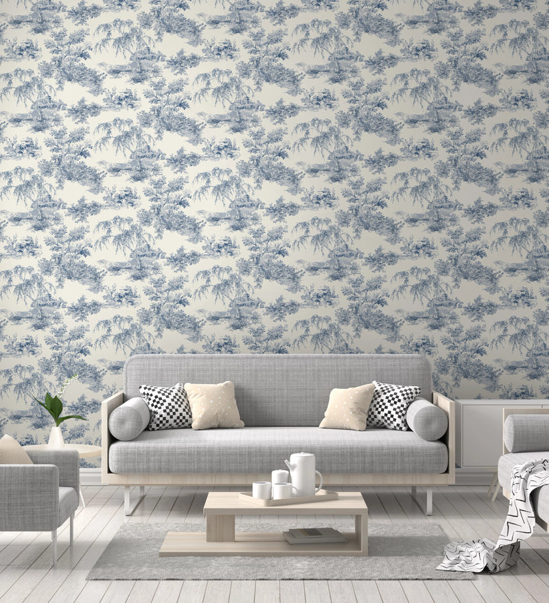 A69802 Toile Blue Wallpaper by Grandeco