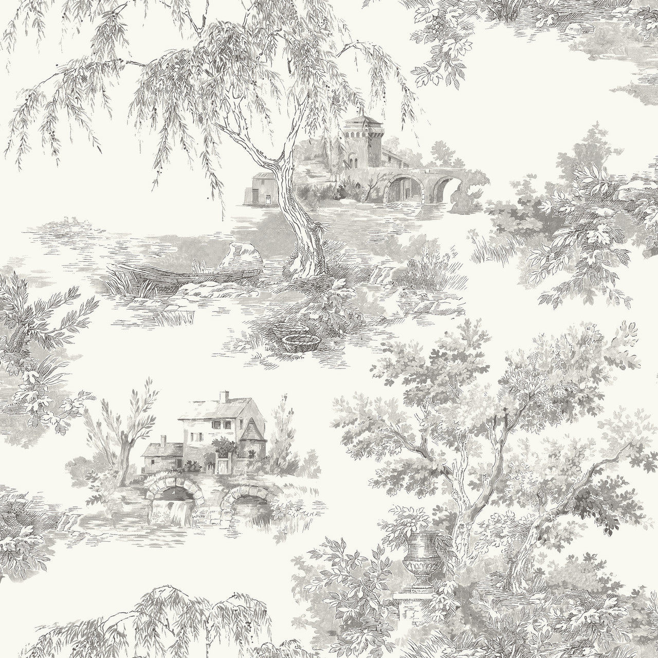 A69803 Toile Grey Wallpaper by Grandeco