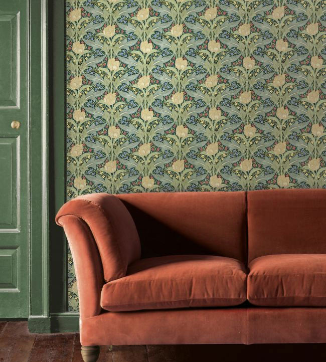 Tulip & Jasmine Original Brantwood Teal Wallpaper By GP & J Baker