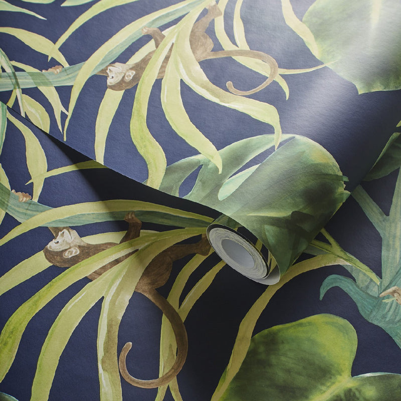 W0083/03 Monkey Business Exotica 2 Indigo Wallpaper by Clarke & Clarke