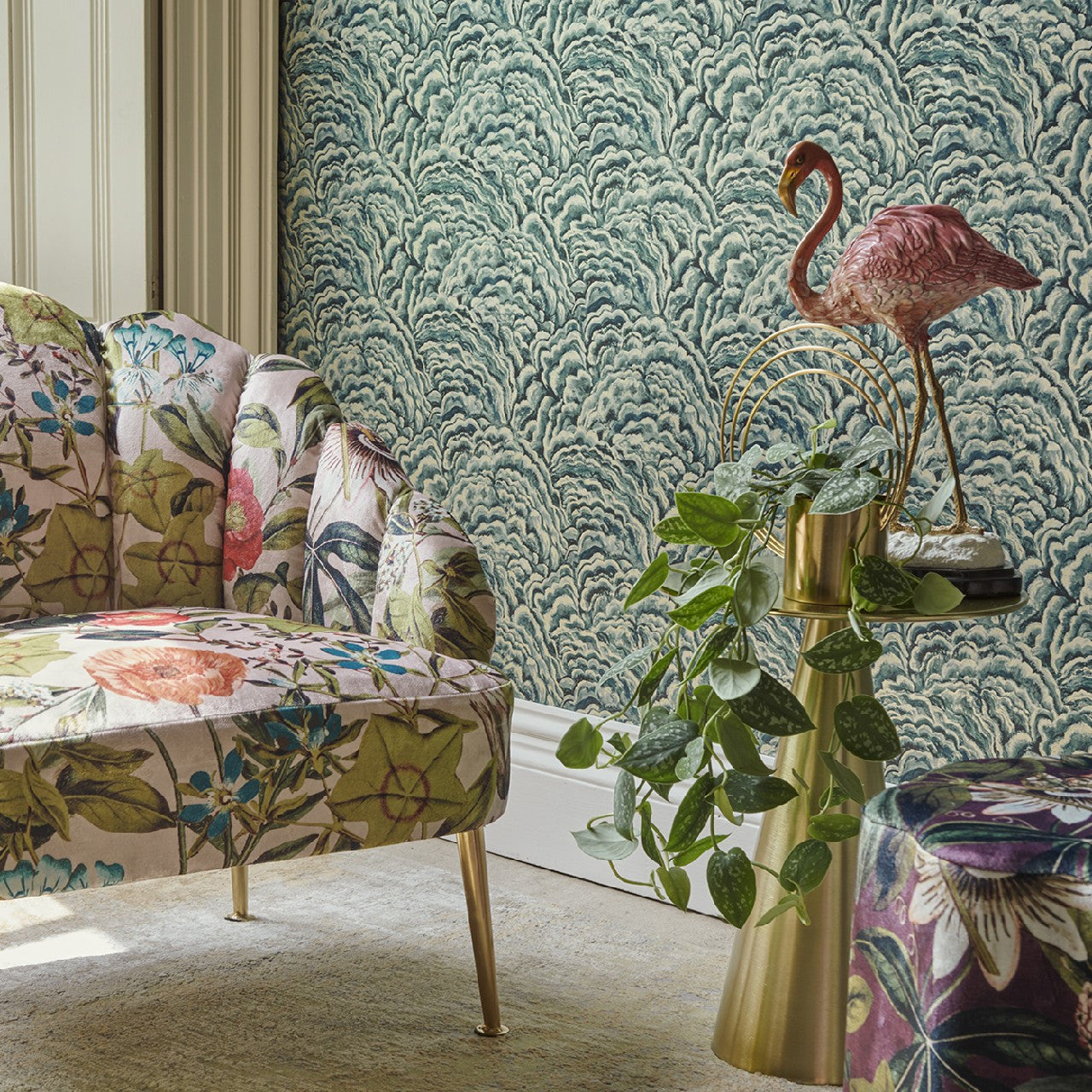 W0142/03 Lumino Exotica 2 Kingfisher/Gilver Wallpaper by Clarke & Clarke