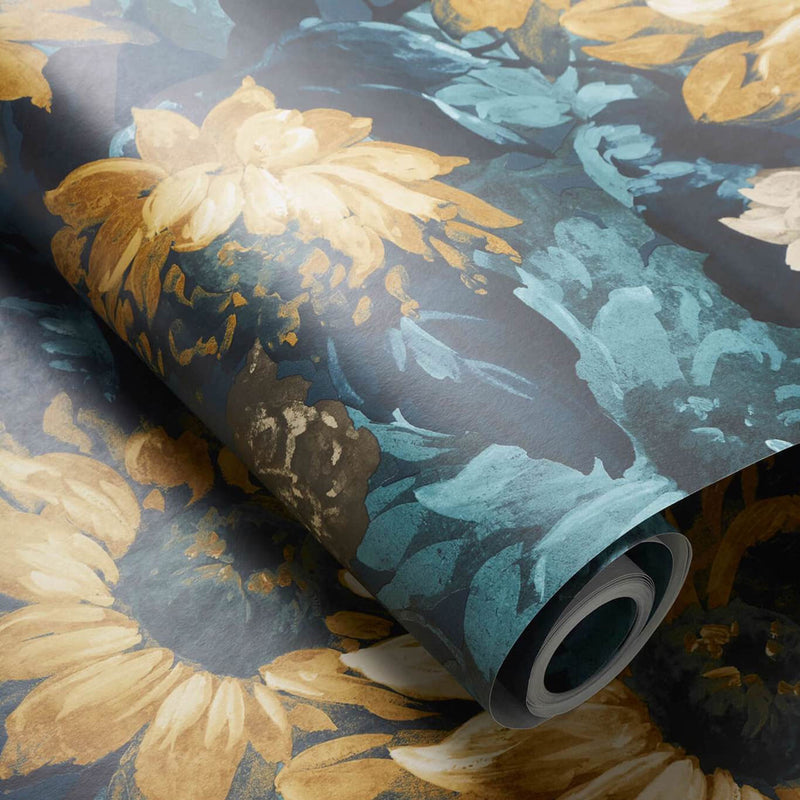 W0162/01 Sunforest Marianne Denim and Ochre Wallpaper by Clarke & Clarke