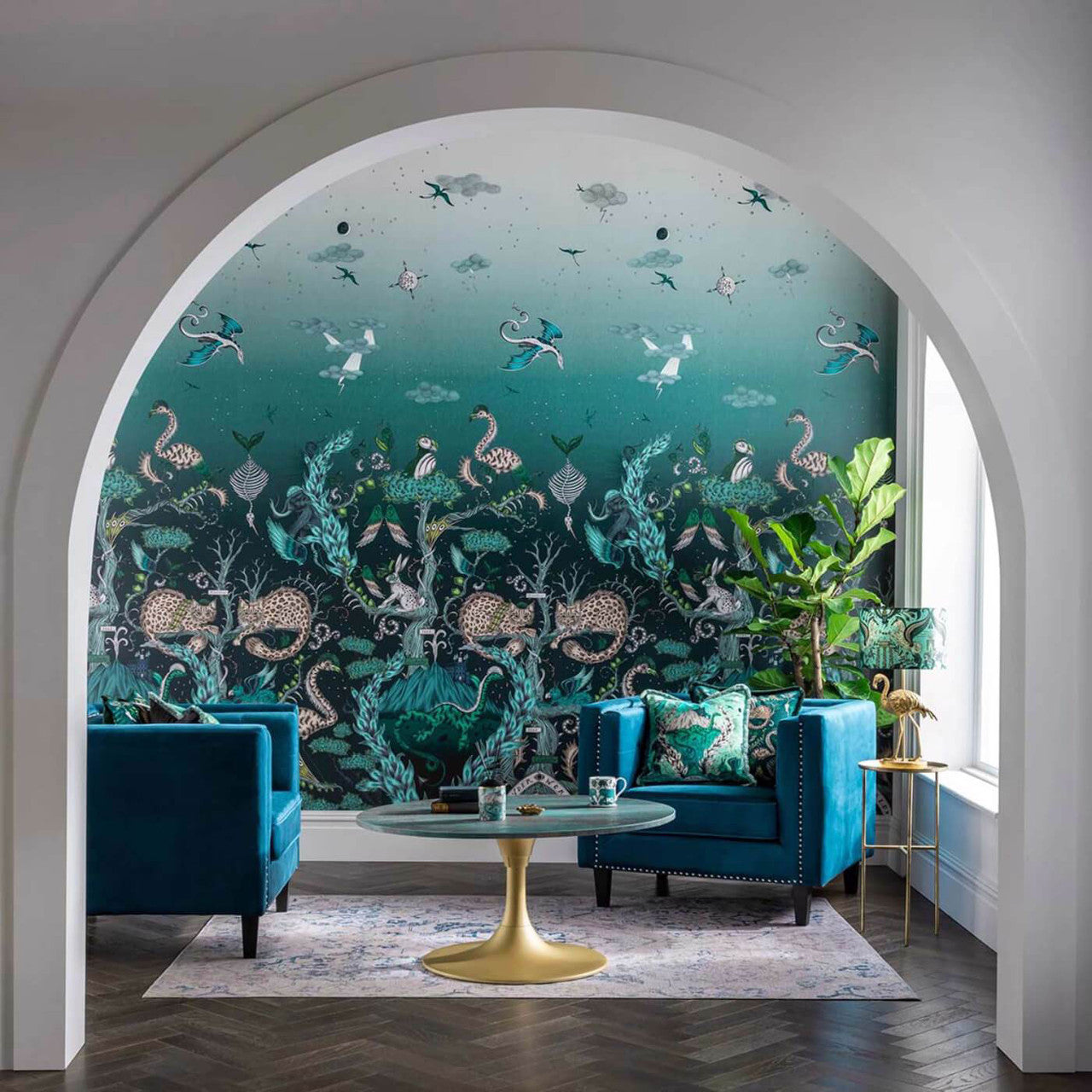 W0202/01 Highland Wonder Mythica by Emma J Shipley Lagoon Wallpaper by Clarke & Clarke