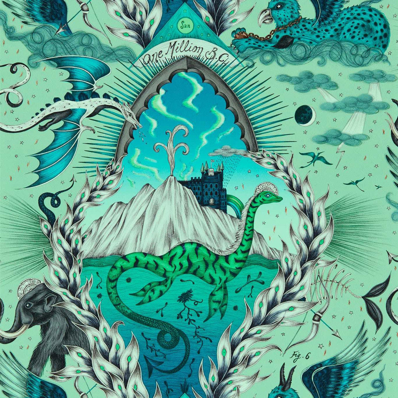 W0214/02 Highlandia Mythica by Emma J Shipley Sage Wallpaper by Clarke & Clarke