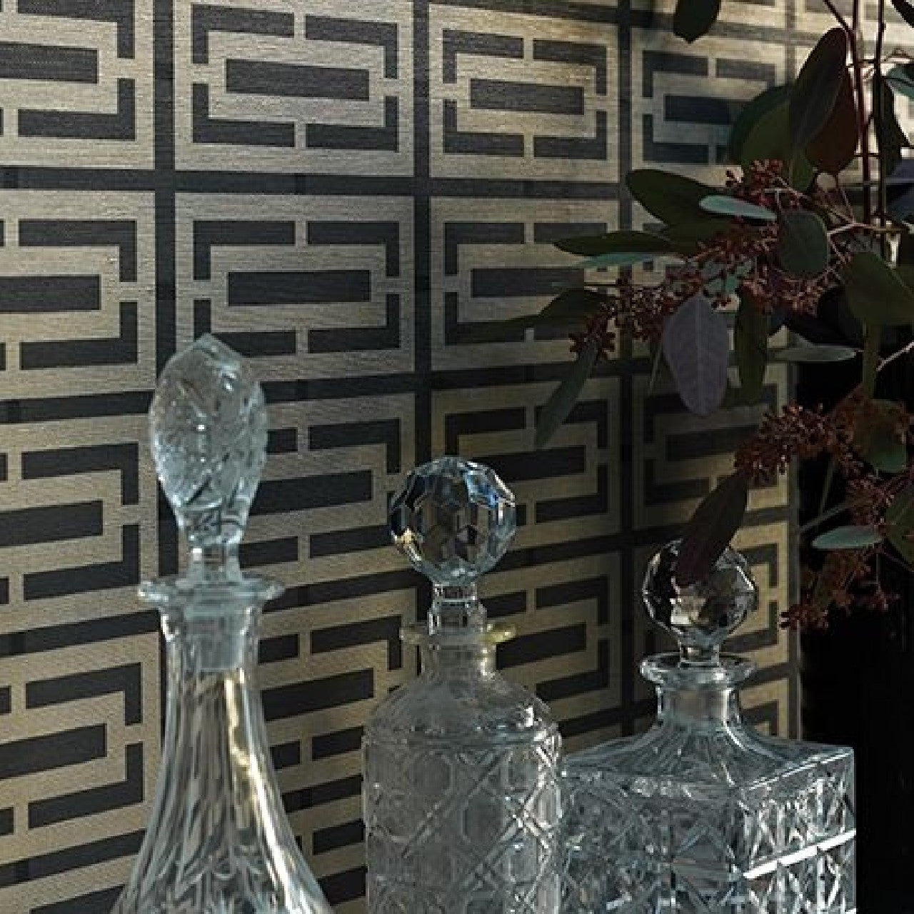 Osborne & Little Metropolis Vinyls 2 Kikko Trellis Vinyl Black and Pale Gilver - W6330-01 Wallpaper (sold per linear metre)