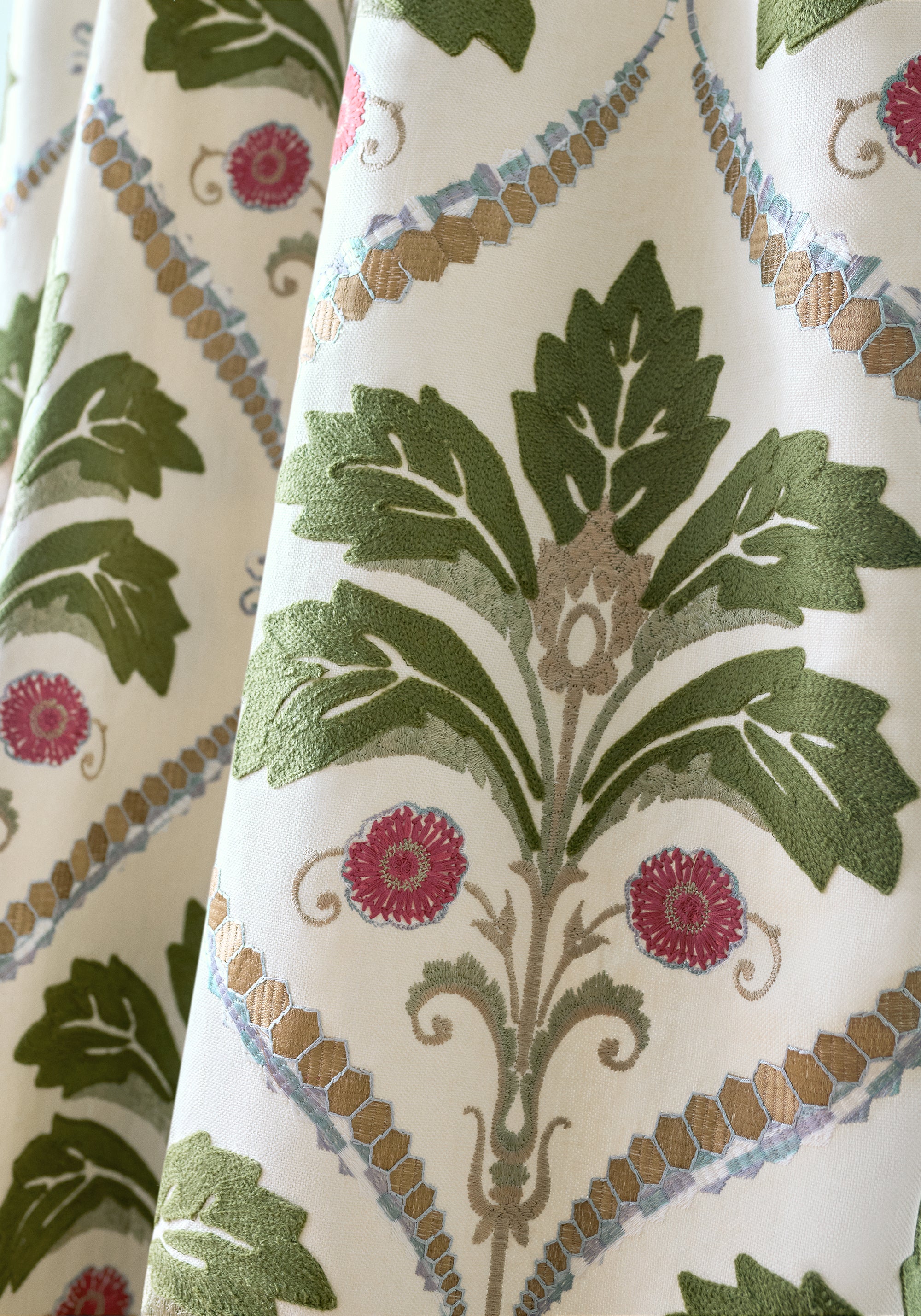 W710508 Kendall Damask Embroidery Olive Boxwood Fabric by Thibaut