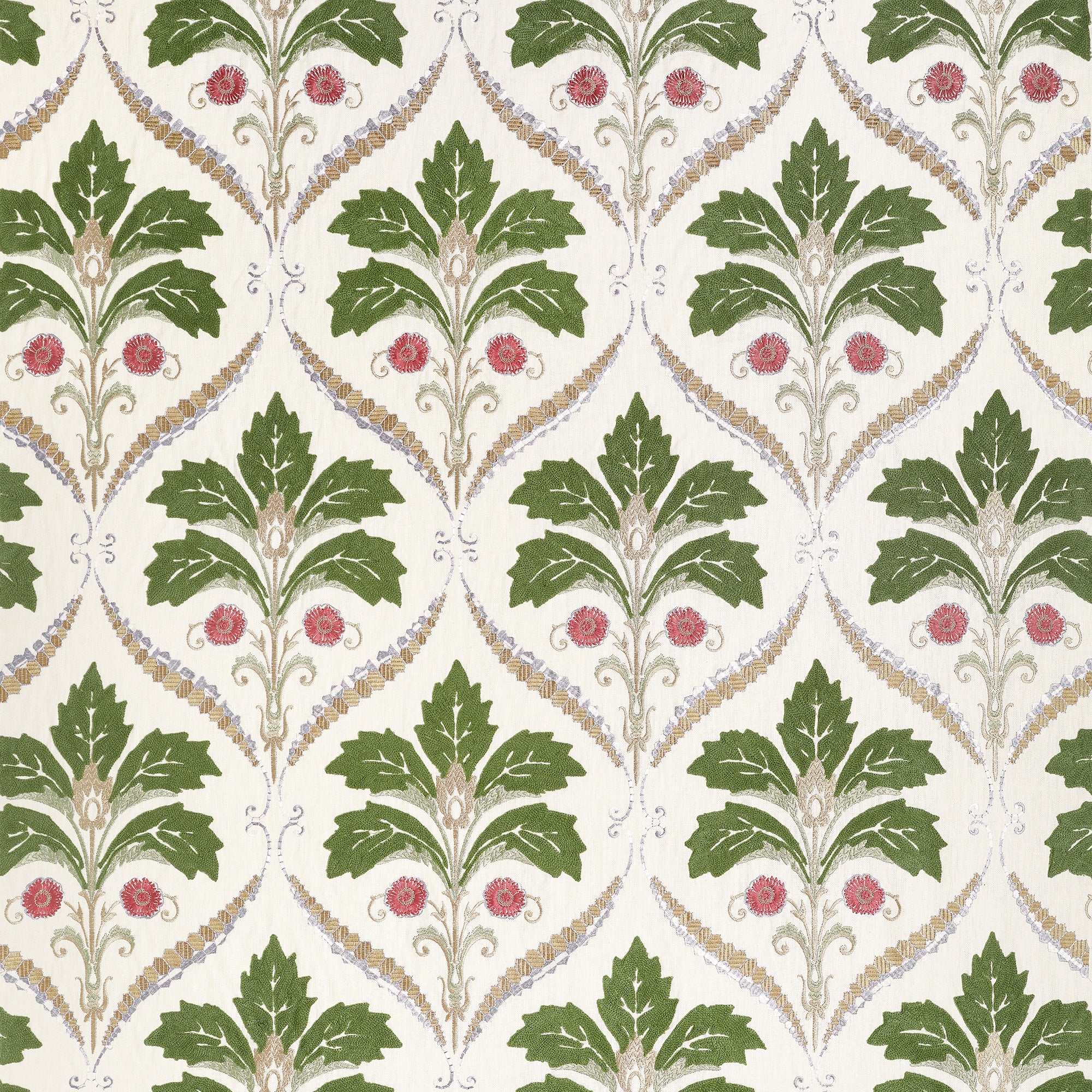 W710508 Kendall Damask Embroidery Olive Boxwood Fabric by Thibaut