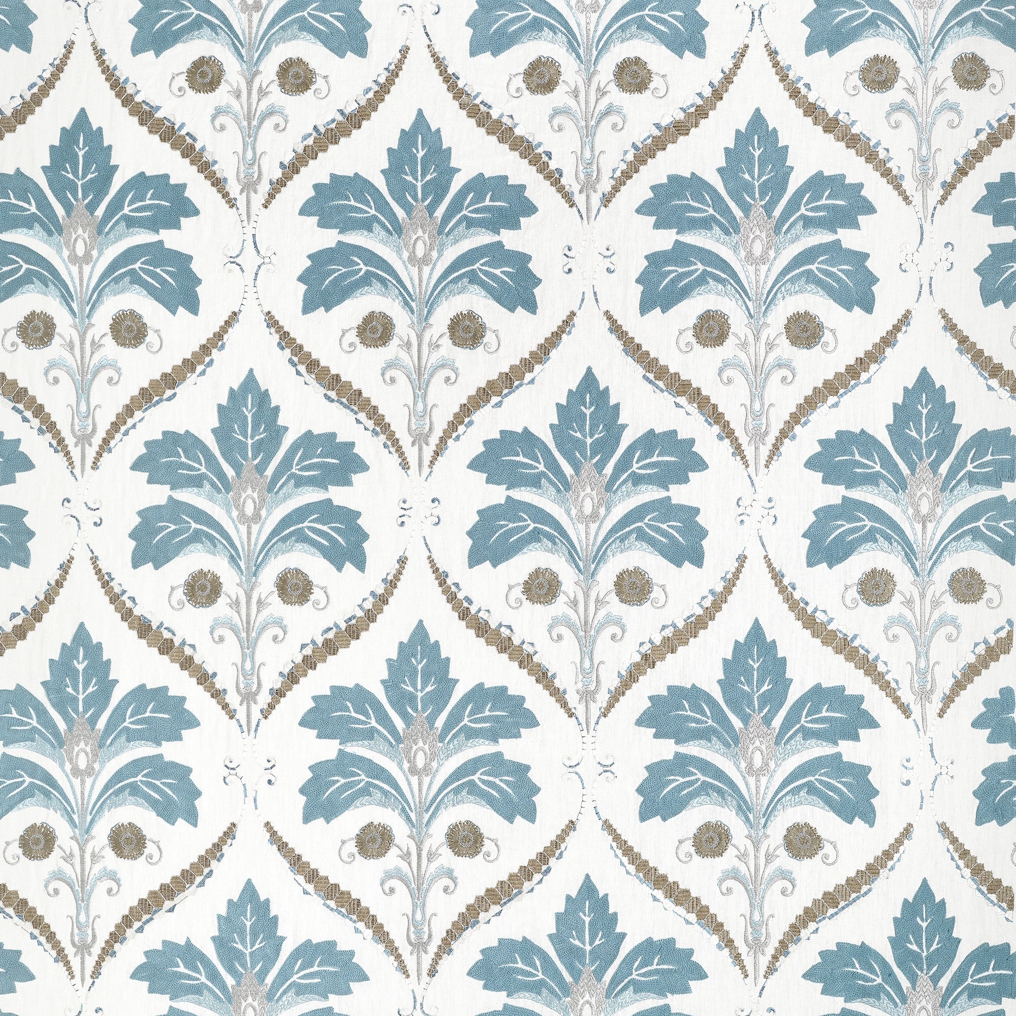 W710509 Kendall Damask Embroidery Mineral Boxwood Fabric by Thibaut