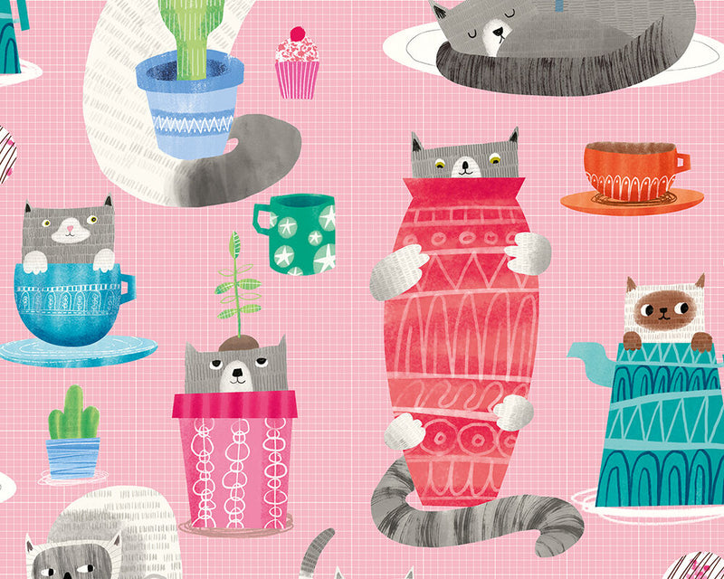 WGU50109W Kitten Kaboodle Bubblegum Wallpaper by Ohpopsi