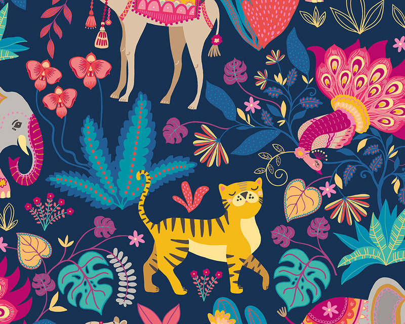WGU50133W Samba Safari Ink & Cerise Wallpaper by Ohpopsi