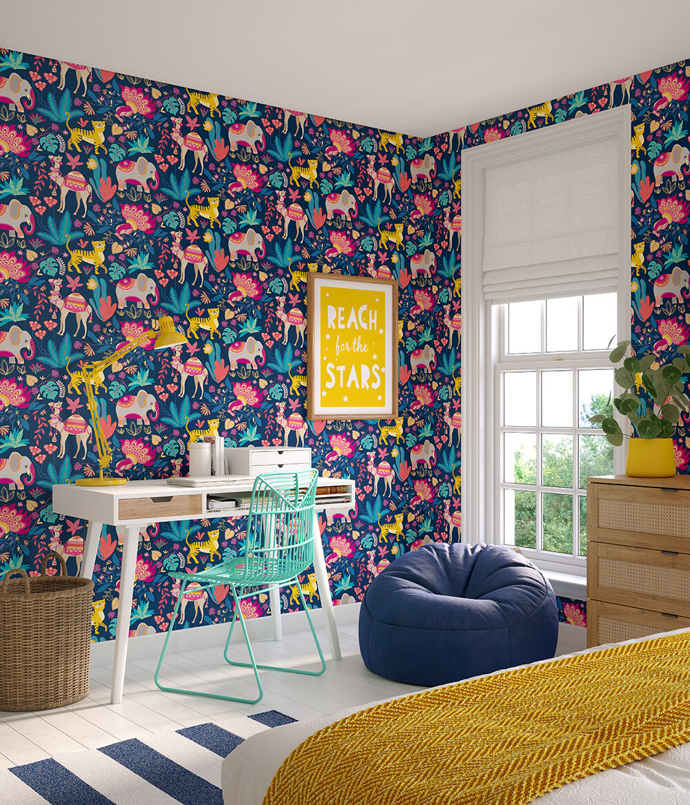 WGU50133W Samba Safari Ink & Cerise Wallpaper by Ohpopsi