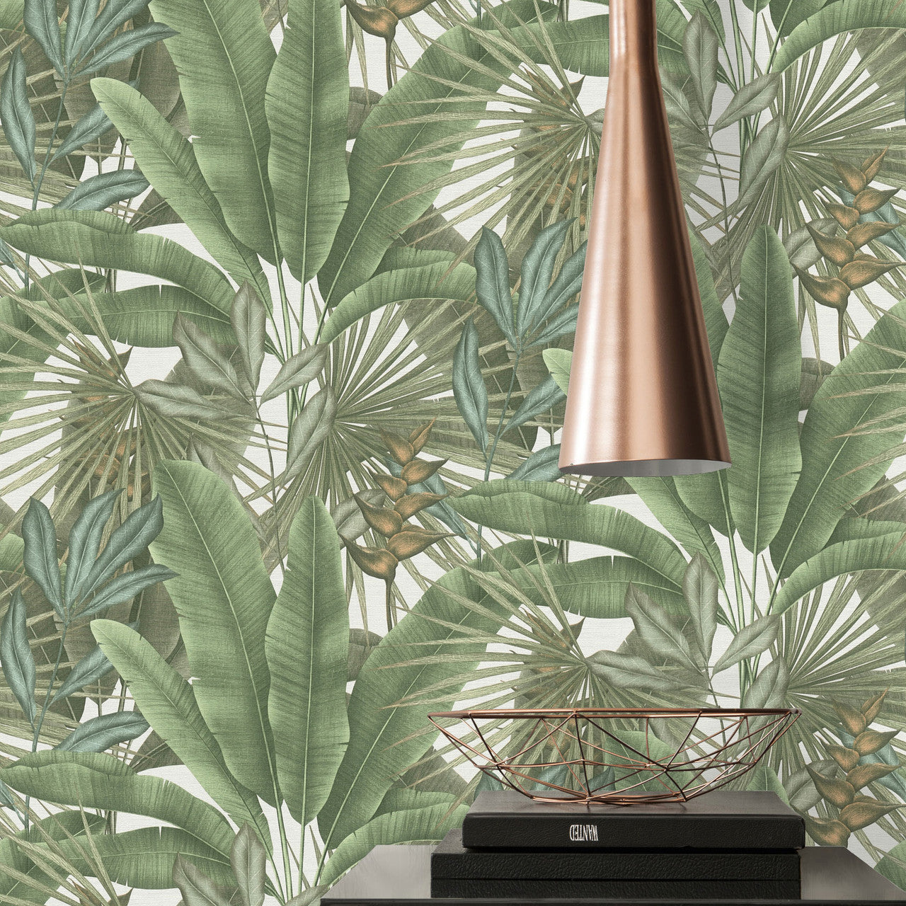 WH30114 Tropical Leaves Welcome Home Green Wallpaper By Galerie
