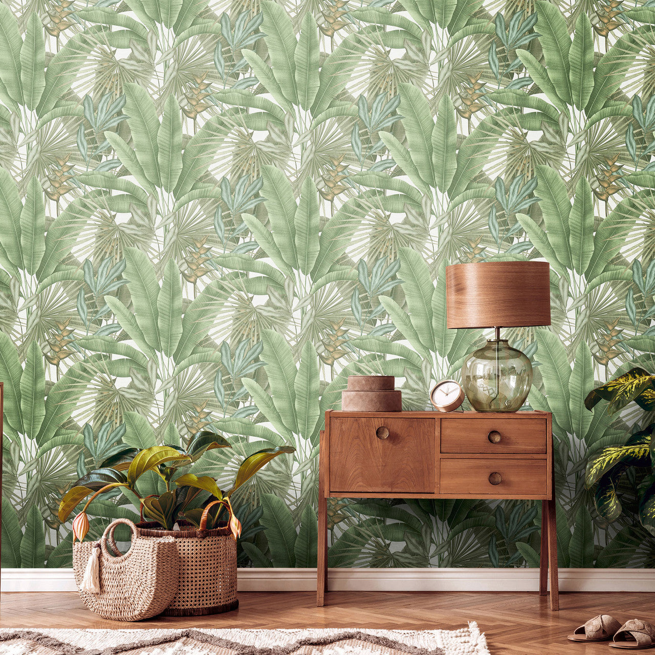 WH30114 Tropical Leaves Welcome Home Green Wallpaper By Galerie