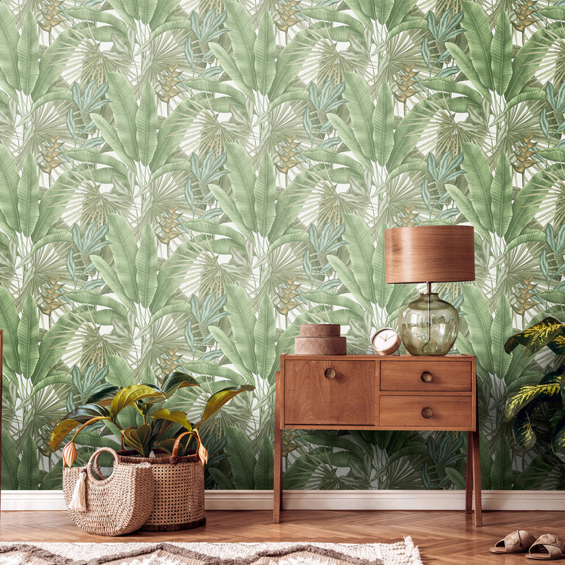 WH30114 Tropical Leaves Welcome Home Green Wallpaper By Galerie