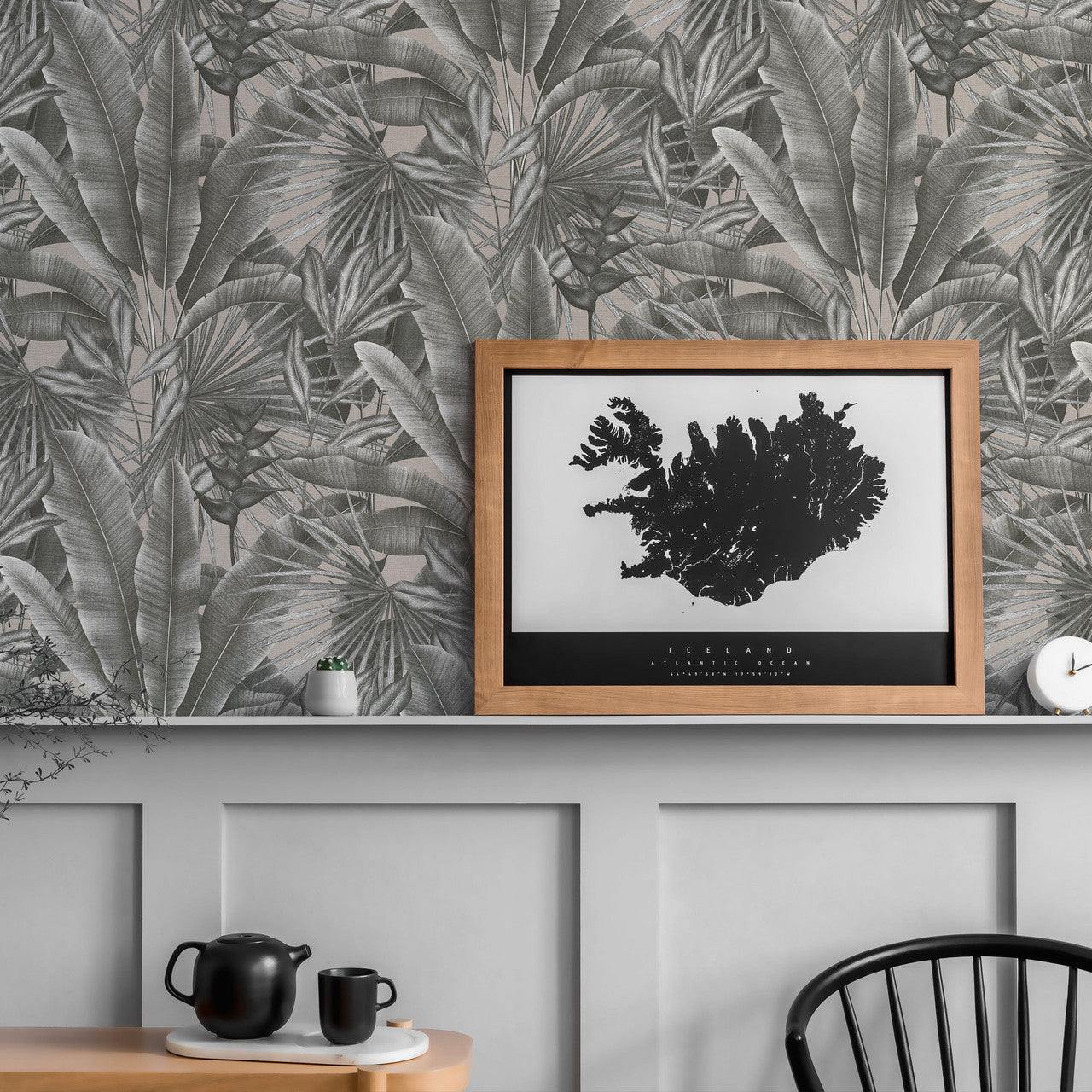WH30115 Tropical Leaves Welcome Home Silver Grey Wallpaper By Galerie