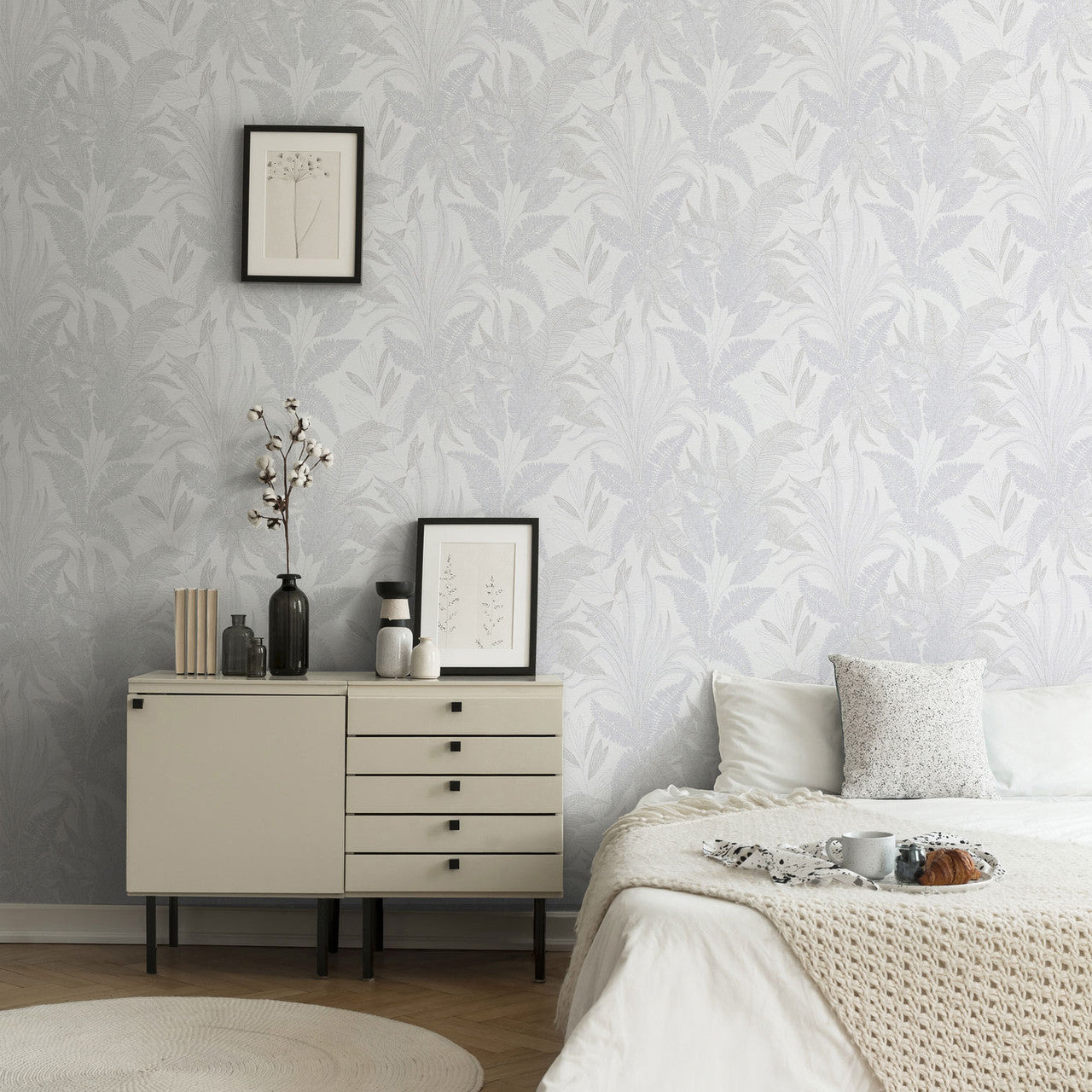 WH30144 Botanical Leaves Welcome Home Silver Grey Wallpaper By Galerie