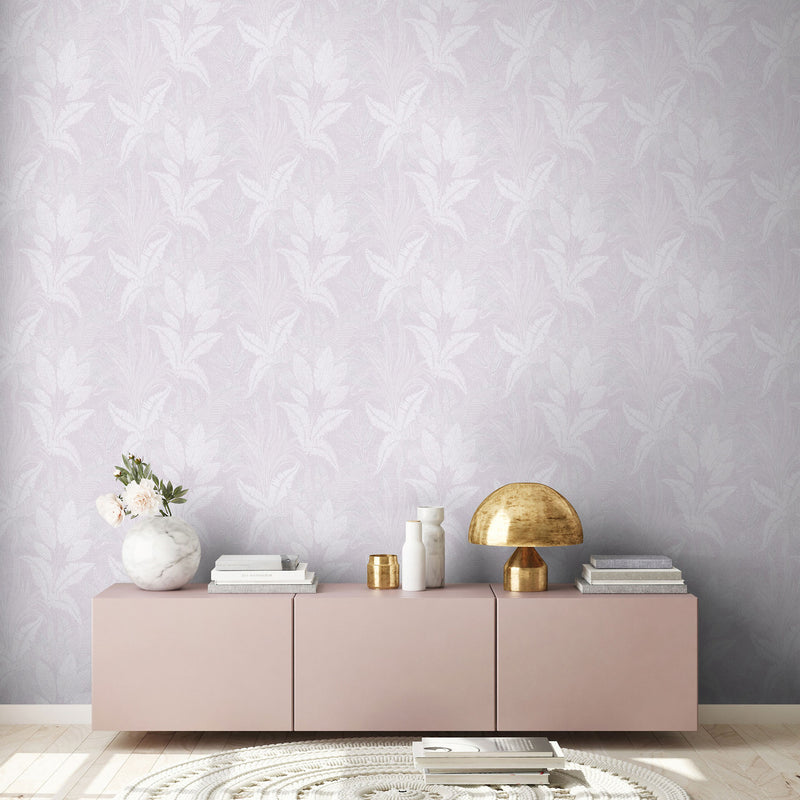 WH30147 Botanical Leaves Welcome Home Purple Lilac Wallpaper By Galerie
