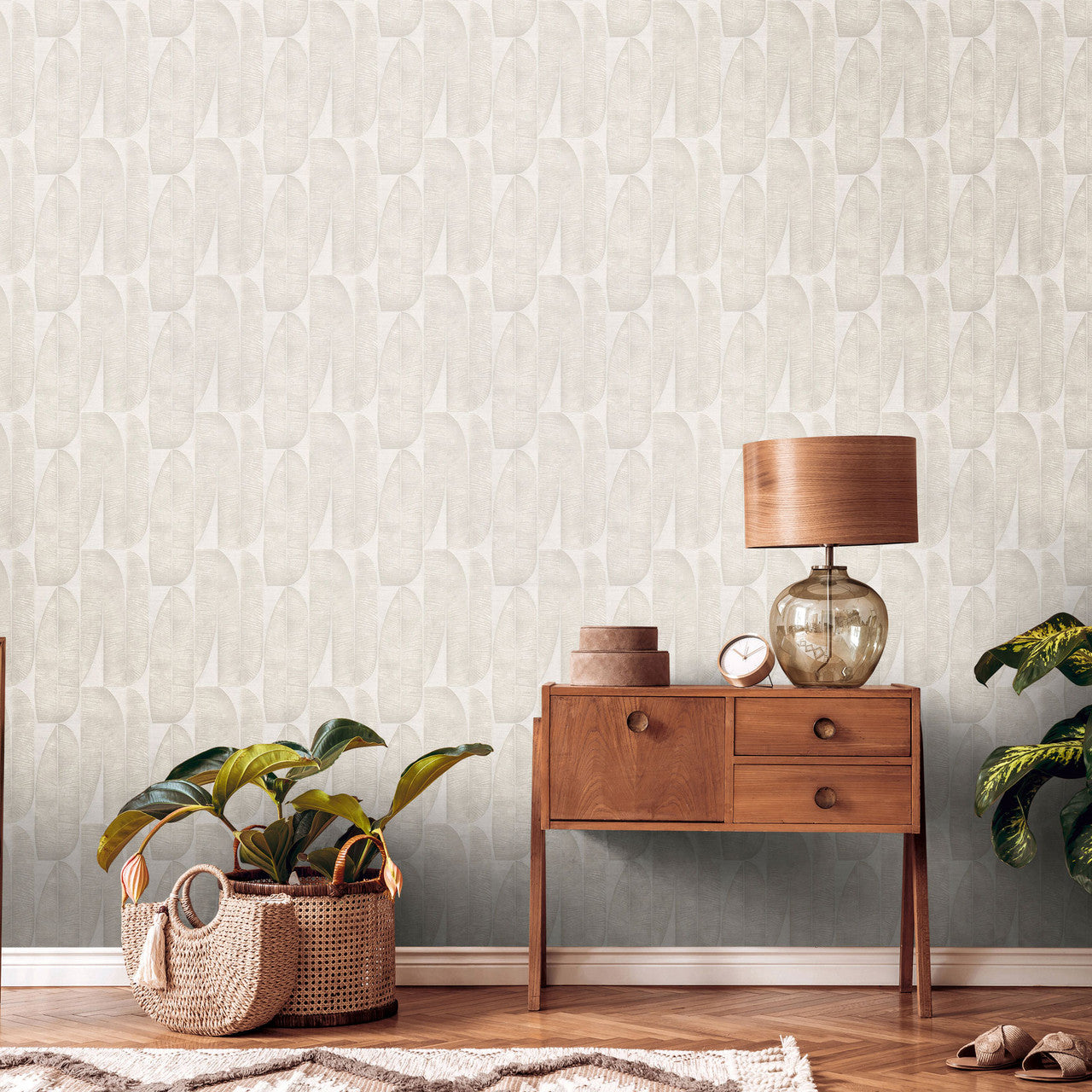 WH30168 Geometric Leaf Welcome Home Beige Wallpaper By Galerie