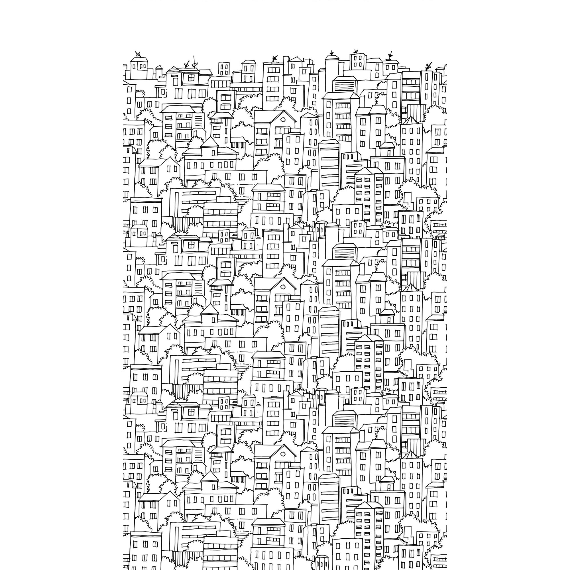 WH45227M Hand-drawn City Scape Black Mural by Galerie