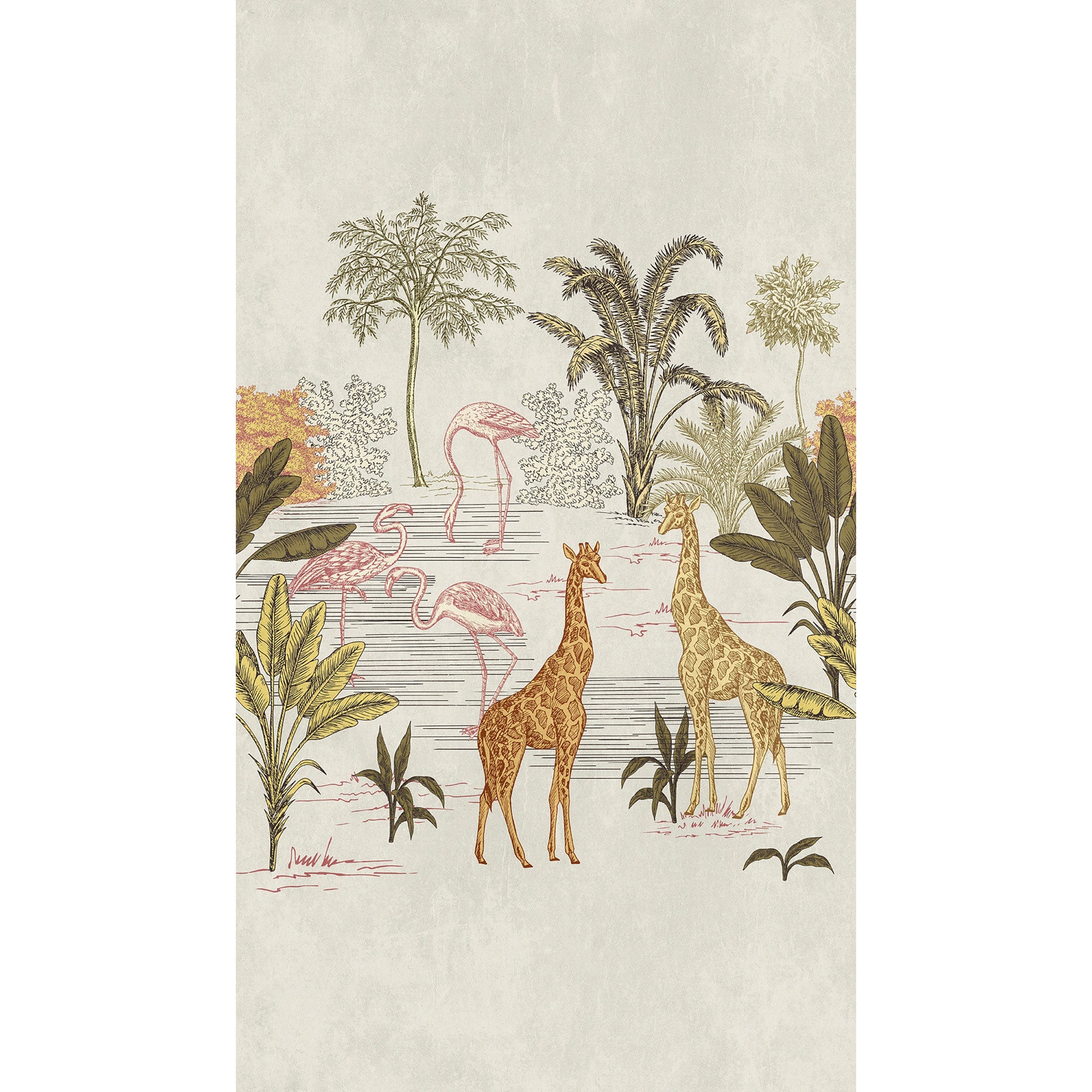 WH45241M Giraffes and Flamingos by the Water Beige Mural by Galerie