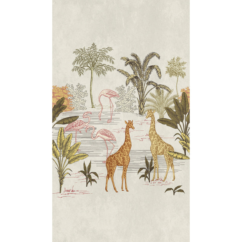 WH45241M Giraffes and Flamingos by the Water Beige Mural by Galerie