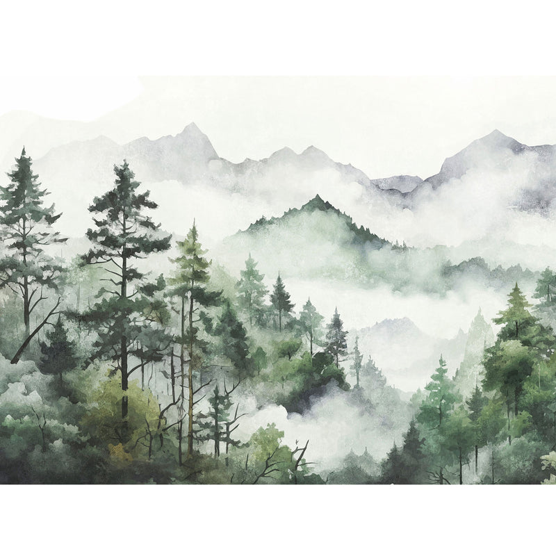 WH45264M Misty Mountain Pines Green Mural by Galerie
