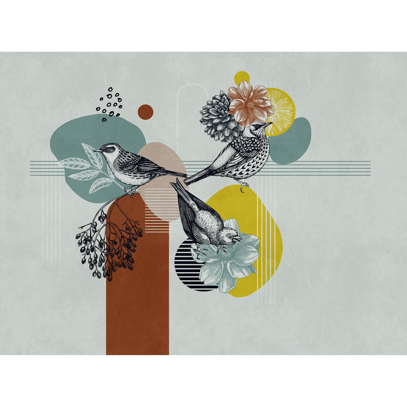 WH45275M Modern Birds and Blooms Silver Grey Mural by Galerie