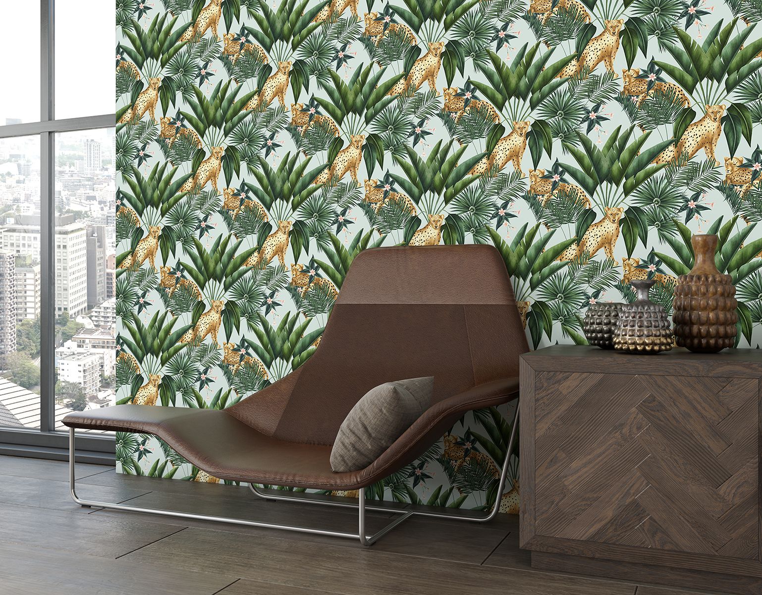 WLD53107W Jungle Cheetah Duck Egg Duck Egg Wallpaper by Ohpopsi