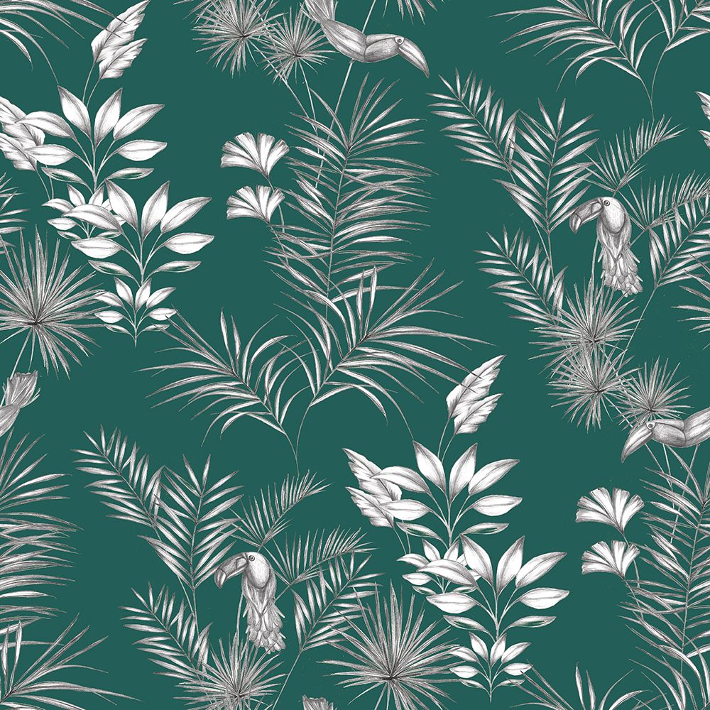 WLD53111W Toucan Toile Rainforest Green Rainforest Green Wallpaper by Ohpopsi