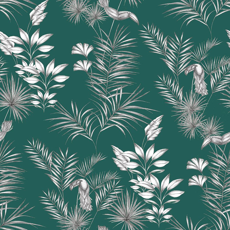 WLD53111W Toucan Toile Rainforest Green Rainforest Green Wallpaper by Ohpopsi