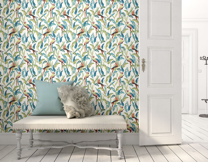 WLD53116W Tropical Parrot Wilderness White Wilderness White Wallpaper by Ohpopsi