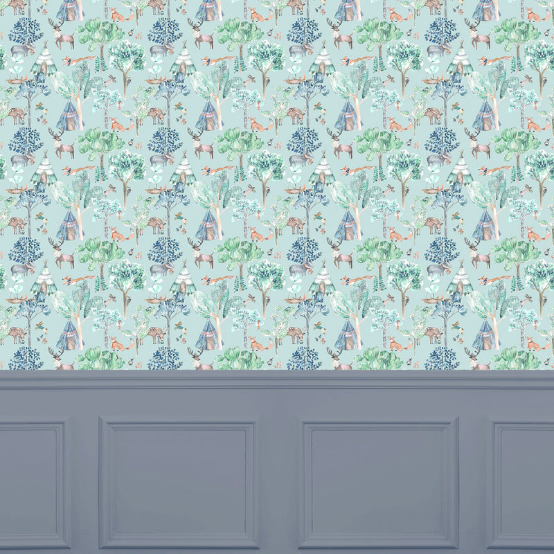 Woodland Adventures Aqua Wallpaper by Voyage Maison | WOODLAN/WPO/AQU