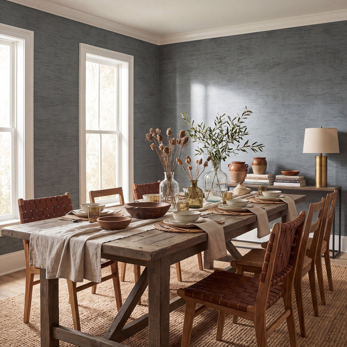 Brushed Texture Blue / Bronze Brown Wall Textures Wallpaper by Galerie — roomshot 1