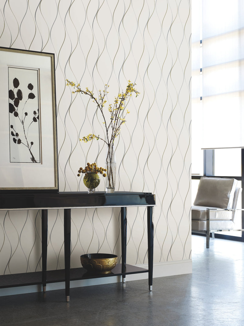 Y6201401 Wavy Stripe Off White Silver Metallic Dazzling Dimensions Wallpaper by York Wallcoverings