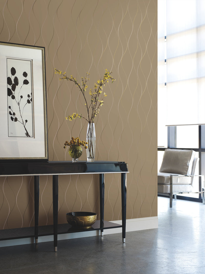 Y6201406 Wavy Stripe Tan Metallic Dazzling Dimensions Wallpaper by York Wallcoverings