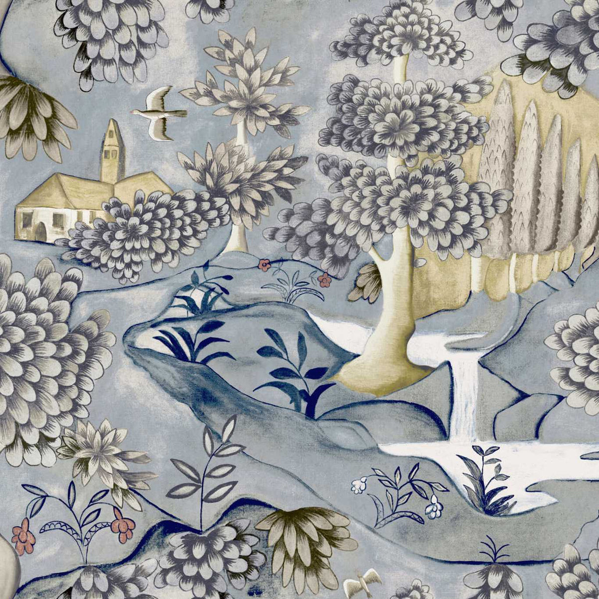 Verdure Cotswolds Manor Lead Blue Wallpaper by Zoffany